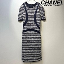 CHANEL Wool Silk Tweed Coco Mark Short Sleeve Dress White Navy Red Size 40