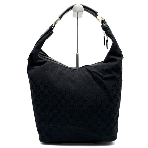 GUCCI GG Canvas One Shoulder Bag Handbag Canvas Leather Black Silver Hardware Sh