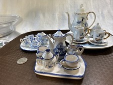 3 Miniature Porcelain Tea Sets Blue White Lighthouse Windmill Dollhouse Teapot