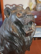 Japanese Bronze Clad Lion Antique Glass Eye Ferocious Jungle King