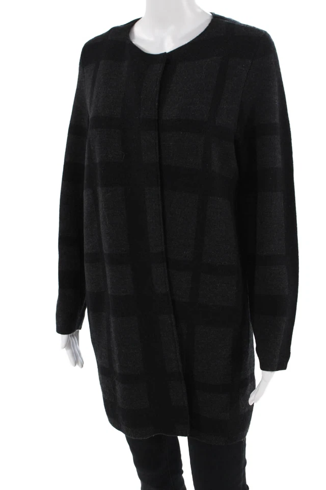 Eileen Fisher Women Overcoat Black Merino Wool Check Long Sleeve Petites Size M - Image 2 of 4