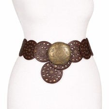Boho Leather Disc Belt Concho Style Wide Waist Belt Brown Brass Medallion