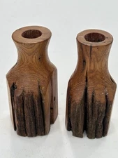 Pair Turned Raw Live Wood Candlestick Holders Rustic VTG 5¼"