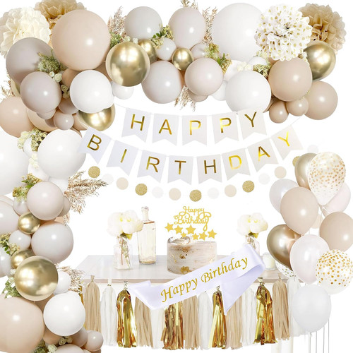 Upgraded Gold White Birthday Party Decorations for Girls Women Men with Happy Bi