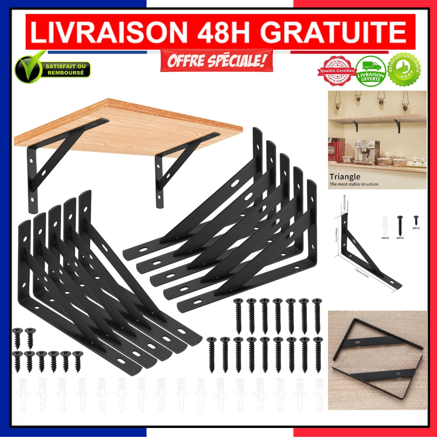 Supports Muraux pour Étagère Suspendue Lot de 10 Fixations Métal Noir 150mm