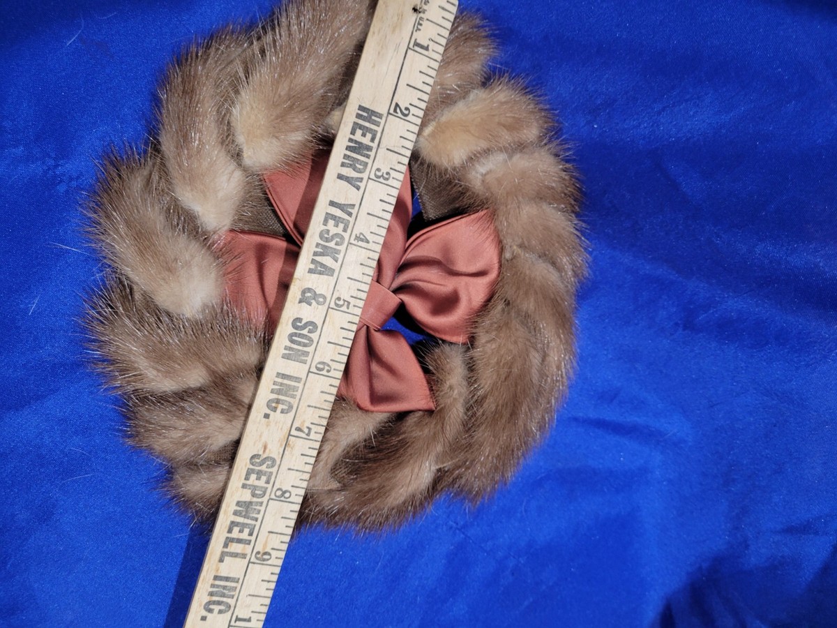 Vintage Mink Fur Headband Hat with Satin Bow 1950s 1960s 