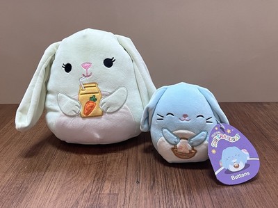 Squishmallow 8  Hara Green BUNNY RABBIT Carrot Juice Box 4  Buttons Blue Set