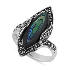 New Sterling Silver Abalone Marquise Marcasite Ring Size 9