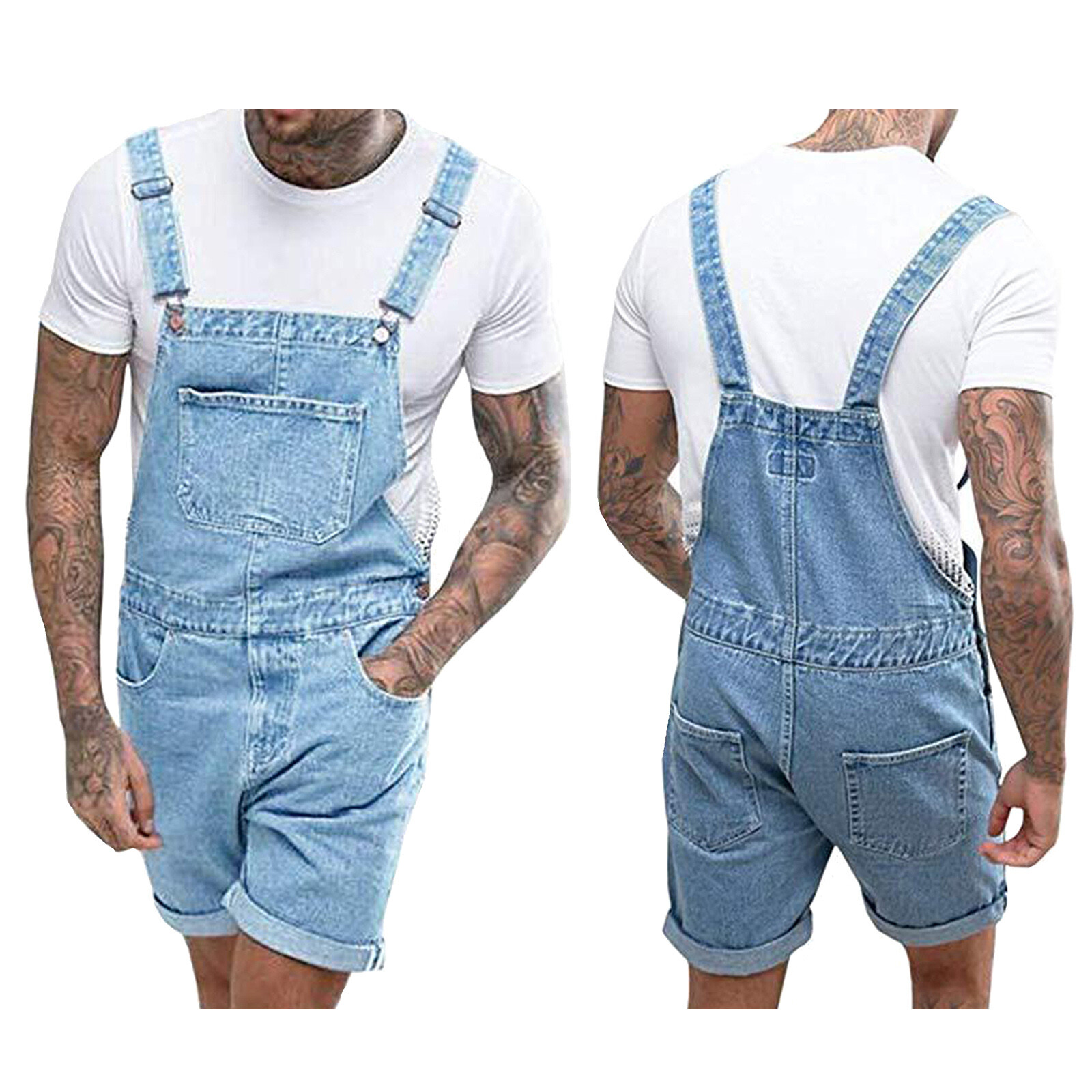 Men Denim Bib Overall Shorts Above Knee Length Rompers Walk Relaxed Fit