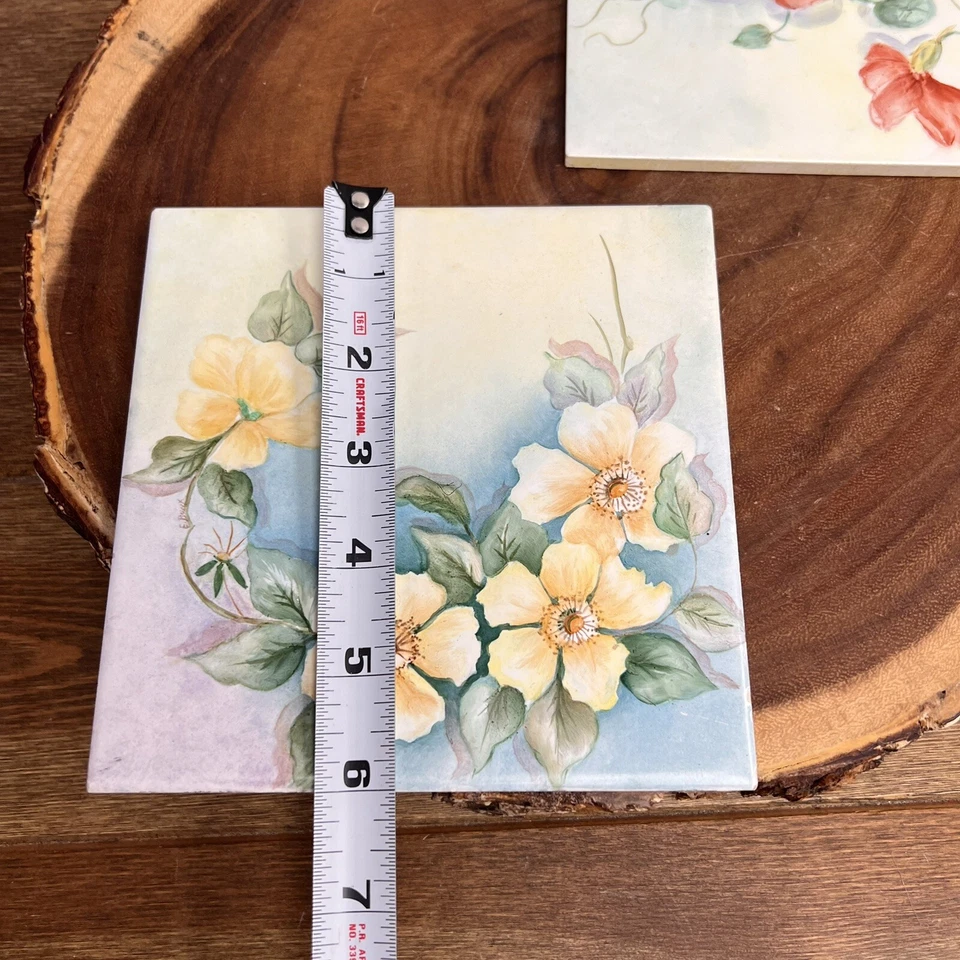 Tile Hand Painted Floral Design Unique and Collectible Set Of 2 - Image 4 of 4