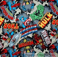 BonEful Fabric Cotton Super Hero Captain America Wolverine Thor Comic SALE SCRAP