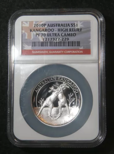 2010-P AUSTRALIA KANGAROO  HIGH RELIEF PF70 UC 1 OZ .999 Silver  NGC GRADED