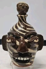 Charles Lisk Southern Primitive Folk Art Pottery Swirl Face Jug w/ Face Stopper