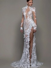 Retro Mermaid Wedding Dress 3D Floral Decal Illusion High Waisted Bridal Gown