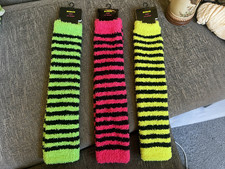 Emo Fluffy Neon Pink Black Striped Leg Warmers Goth Alt Cosy Socks