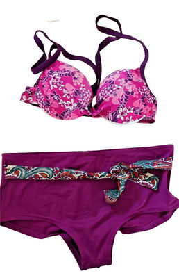Camille/TU UK 10/12 lila Mix Blumen U/W gepolstert Neckholder High Waist Bikini