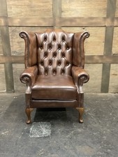 Queen Anne Antique Tan Leather Scroll High Back Chair
