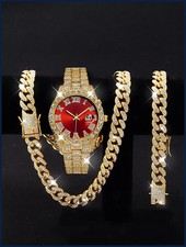 Juego de reloj de cuarzo y pulsera de cadena cubana para hombre moda diamantes de imitación joyería regalo