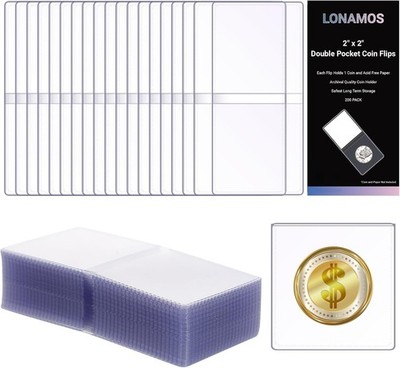 200-Pack 2 x 2 Inch Double-Pocket-Coin-Flips - Coin Pocket Holders, Unplasticize