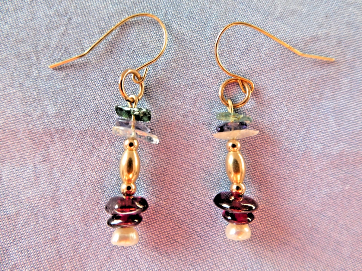 9ct gold earrings ~ Garnet, Pearl, Tourmaline and Aquamarine semi precious chips