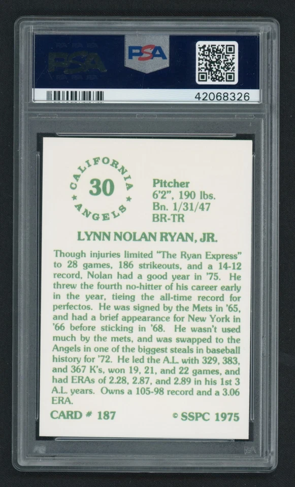 1975 SSPC #187 Nolan Ryan PSA 10 GEM MT - Image 2 of 2