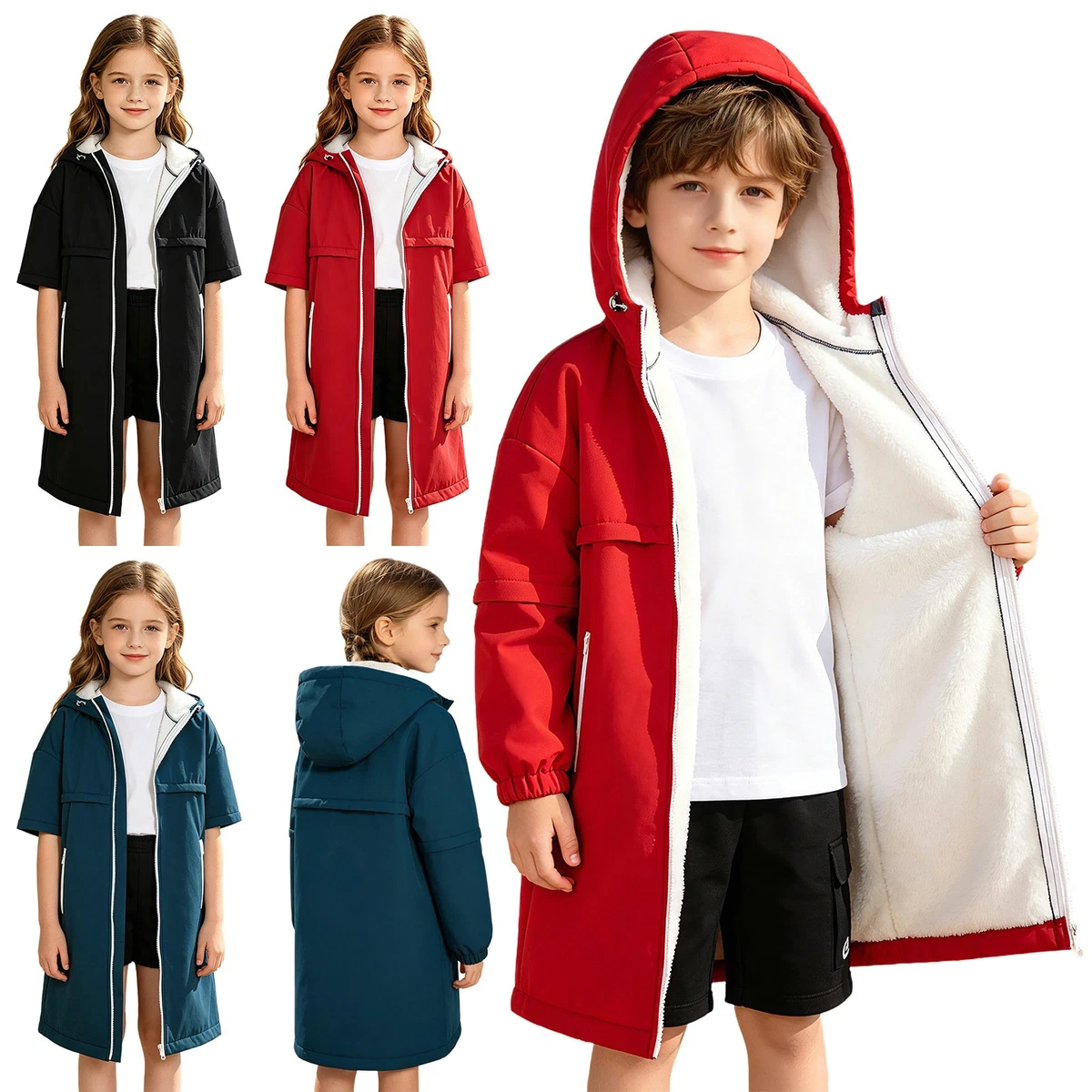 Kids Boys Swimming Jacket Reflective Strips Sweatshirt Tops Parka Changing Robe