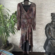 EXPRESS Metallic Printed Faux Wrap Ruffle Hi-Lo Maxi Dress Size Small