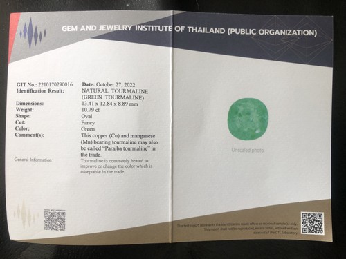 10.79Ct "GIT" CERTIFIED ! NATURAL COPPER BEARING PARAIBA TOURMALINE - Picture 3 of 7