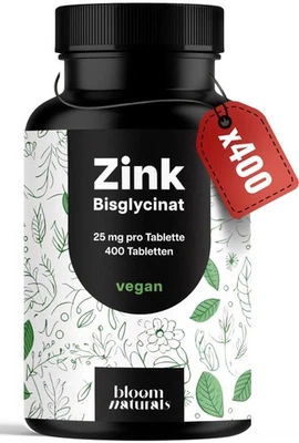 BLOOM NATURALS BEAUTY SUPPLEMENTS Zink Tabletten 25mg - 400 Stück - Zink-Bisglycinat - Vegan - Laborgeprüft