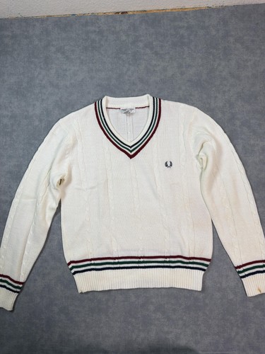 Fred Perry Sweater Mens Large White V Neck Cable Knit Tennis Striped Pullover
