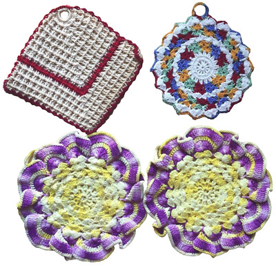 Vintage Potholder Doily Lot of 8 Crocheted 4 Hang Loops Different Styles Colors