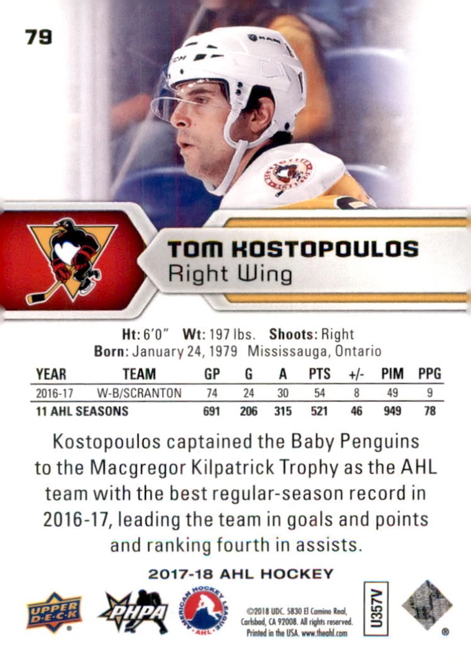 2017-18 Upper Deck AHL #79 Tom Kostopoulos - Image 2 of 2