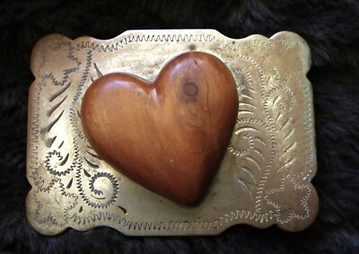 Vintage Hand Made Wooden Broken/Cracked Heart Western Belt Buckle Nickel Silver