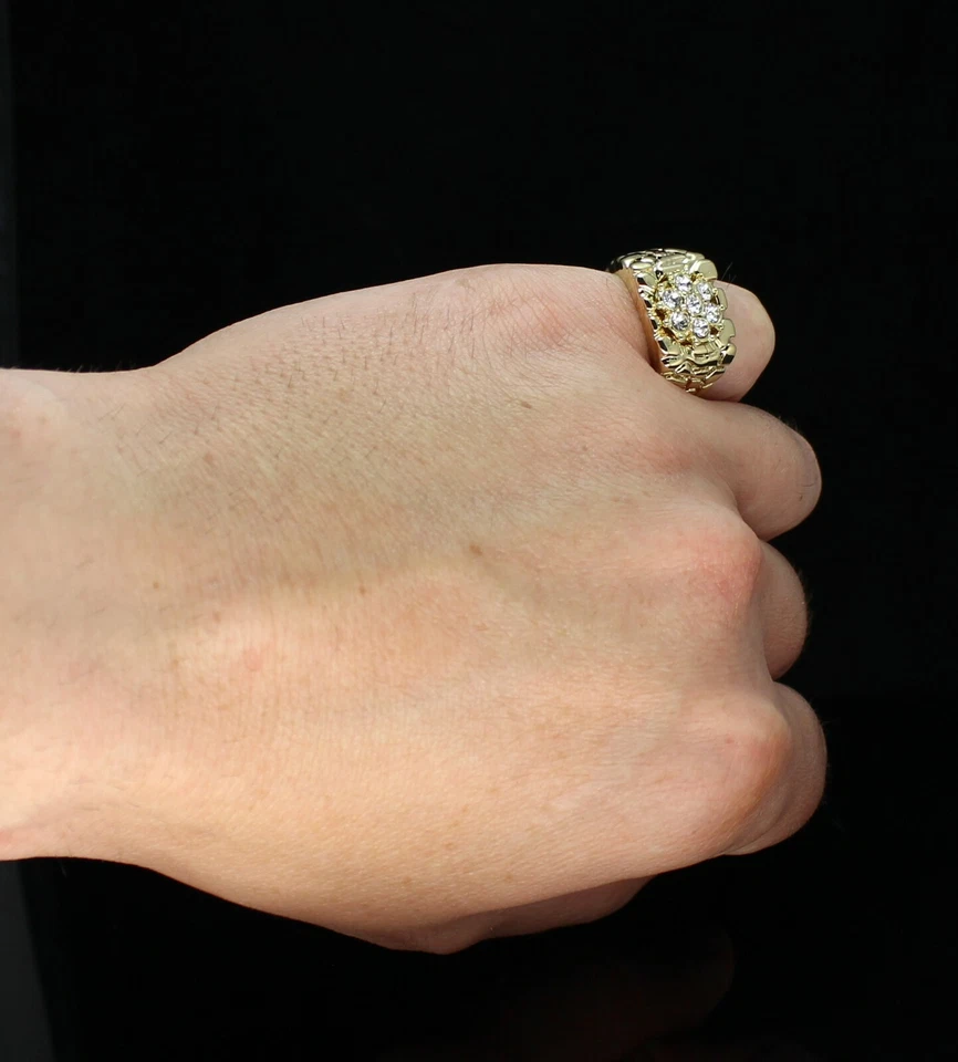 Anillo de circonita cúbica rosa pepita para hombre enchapado en oro de 14 k banda de hip hop racimo helado Foto 2 de 4