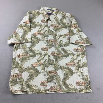 Pendleton Shirt Mens XL Brown Floral Leaves Cars Cotton Short Sleeves Button Up