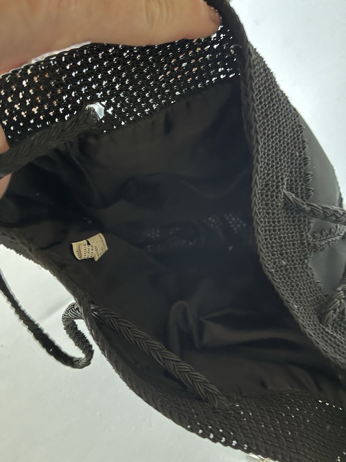 Vtg Black Patchwork Backpack Purse Lined Crochete… - image 6