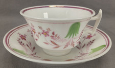 British Hand Enameled Pink & Green Floral Pink Luster Tea Cup & Saucer C1820-40