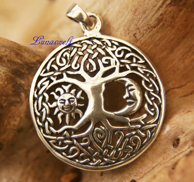 Kette Amulett aus 925 Sterlingsilber Lebensbaum Sonne und Mond mit Band