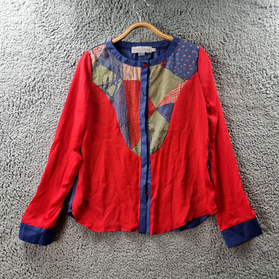 HOMES & FALLON Womens Blouse Top Size S Red Blue Patchwork Long Sleeve Button-Up