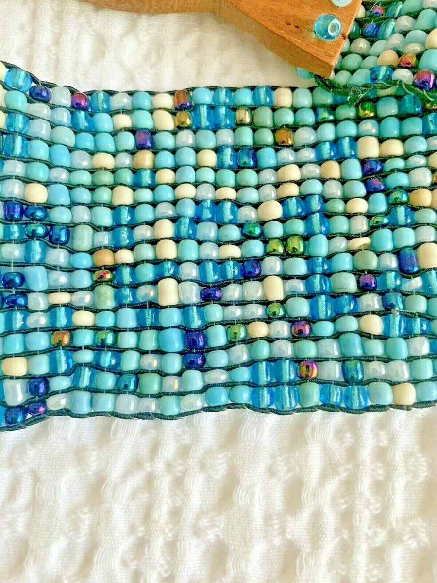 Southwest Turquoise BEADED Stretch BELT  Wooden Buckle Size Large Wooden Interlocking Buckle Aztec Southwest Turquoise Boho  main image 4