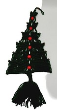 VTG Macrame Christmas Tree Wooden Red Beads Wall Decor 20" Silver Bells Read