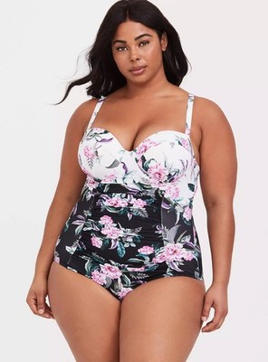Torrid Plus Size 2 One Piece SlimFix Swimsuit Floral Strap Demi Fuller Bust $108