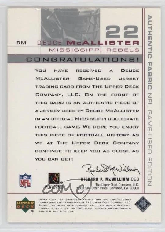 2001 SP Game Used Edition Authentic Fabric Deuce McAllister #DM Rookie RC - Image 2 of 2