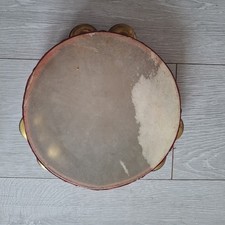 ROT LACKIERTES HOLZ & METALL TAMBURIN TROMMEL PERCUSSION INSTRUMENT VINTAGE