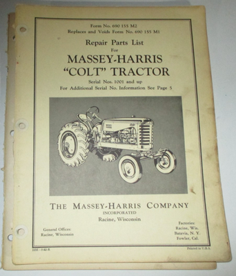 #ad Massey Harris COLT Tractor Parts Catalog Manual Book ORIGINAL MH 1 53 $19.99