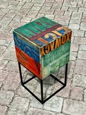 ⭕️ RARE ALPHA TYPOGRAPHIC CUBE STYLE SIDE TABLE WOOD TYPE BLOCKS, METAL BASE 24"