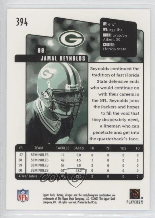 2001 Upper Deck Victory Victory Rookies Jamal Reynolds #394 Rookie RC - Image 2 of 2
