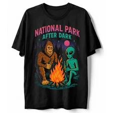 National Park After Dark Sasquatch T-Shirt Bigfoot Alien Campfire Night Tee