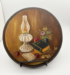 Round Wood Painted Still Life Wall Plaque, Brown Traditional Wall Mount