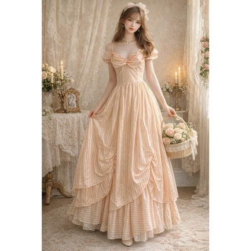 Vintage Gunne Sax Peach Stripe Bow Maxi Dress Prairie Romantic Cottagecore Rare - Image 1